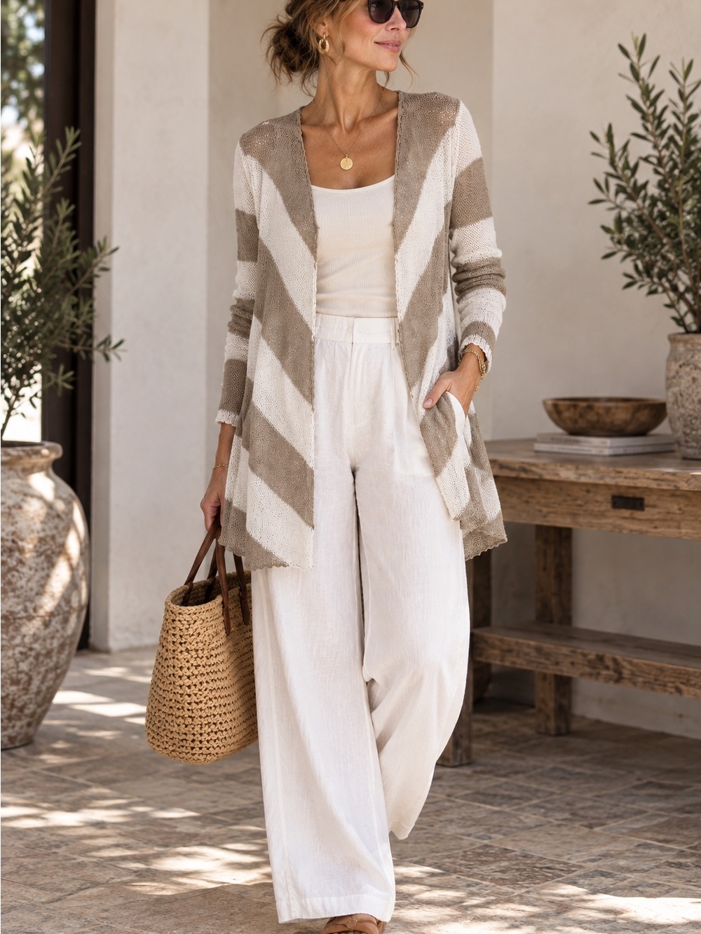 360 SWEATER Women’s M 100% Linen Chevron Striped Cardigan Layering resort wear